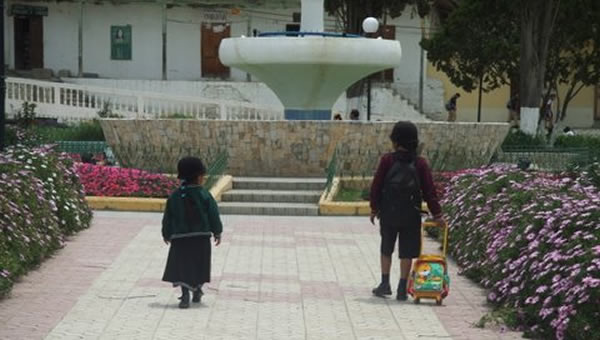 Two young children walk toward a fountain